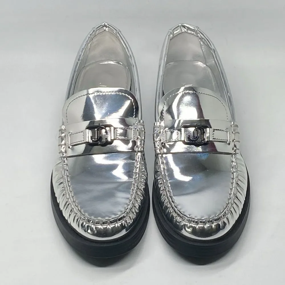 Jimmy Choo Addie JC Logo Metallic Loafer size 38